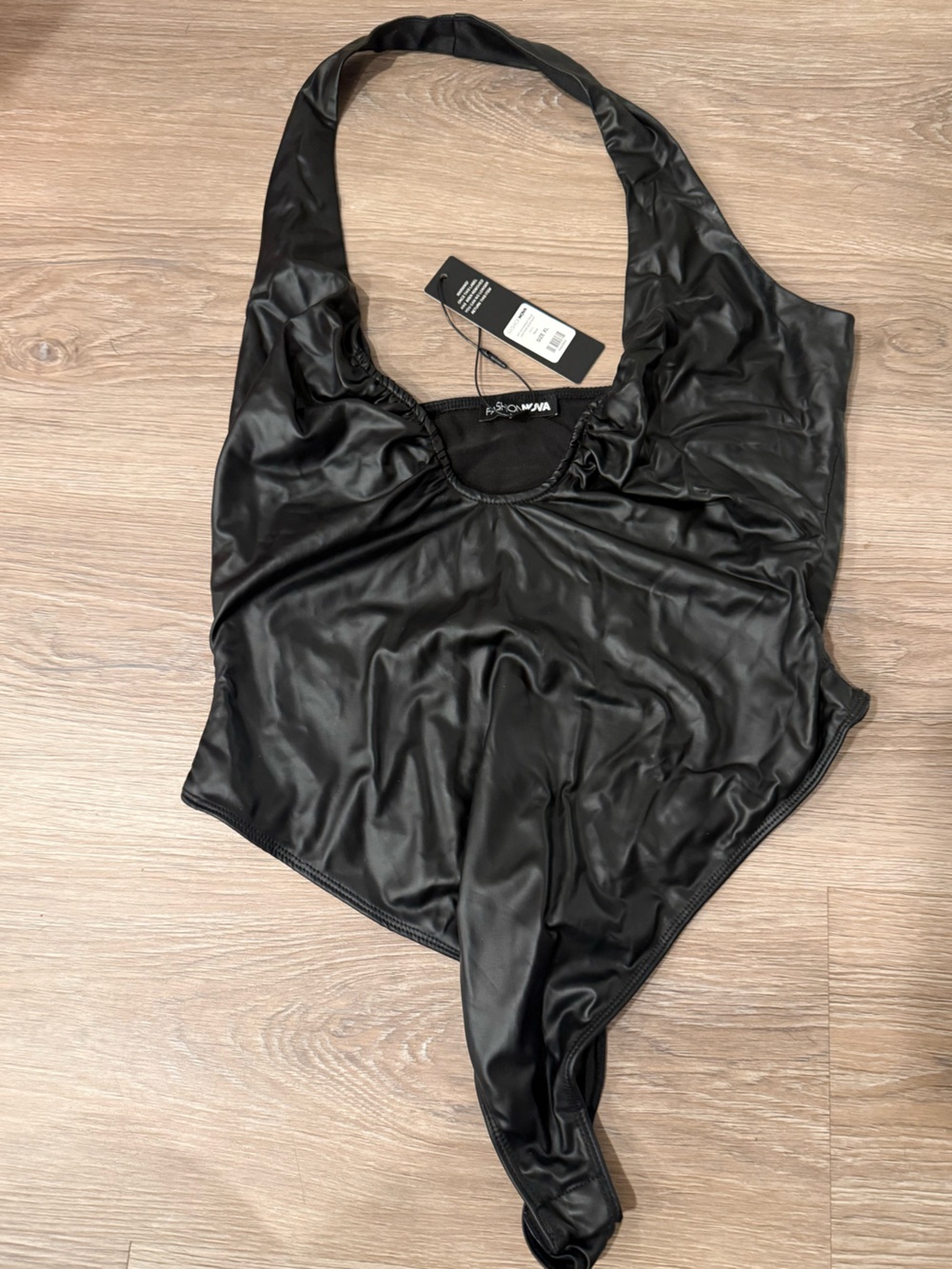 Fashion Nova Black Faux Leather Bodysuit